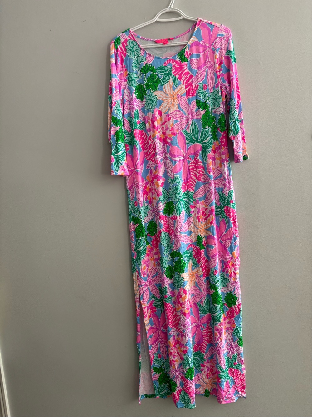 Lilly Pulitzer Morgann Maxi Dress Pink Floral 3/4 Sleeve Side Split Size Large